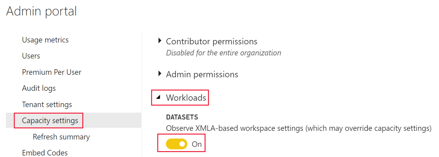 Screenshot that shows the admin setting for disabling the analysis services server properties.