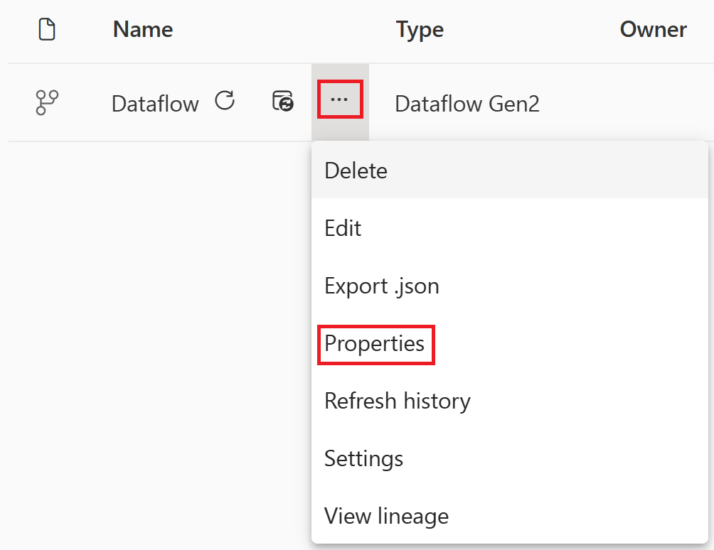 Screenshot of the dataflows properties in a workspace.