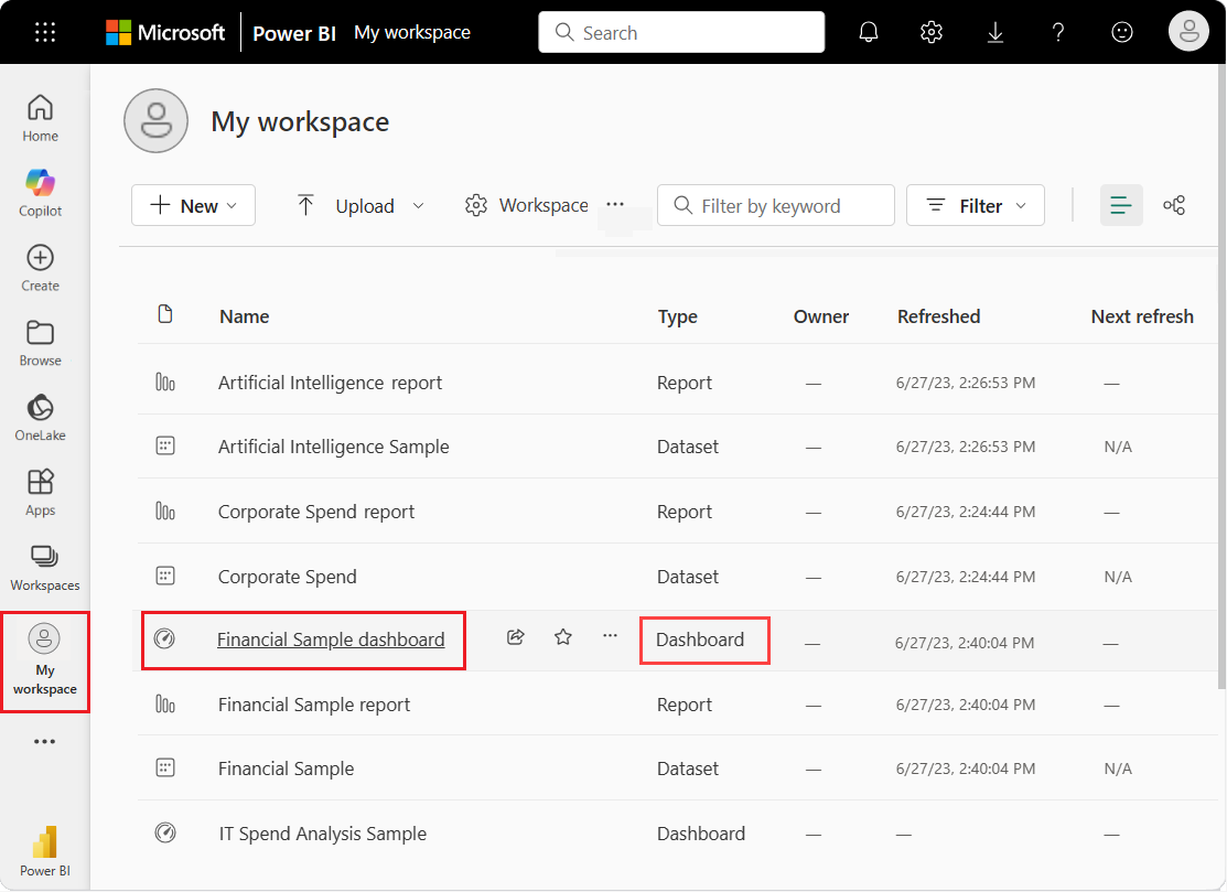 Screenshot that shows how to return to My workspace and open the Financial Sample dashboard.