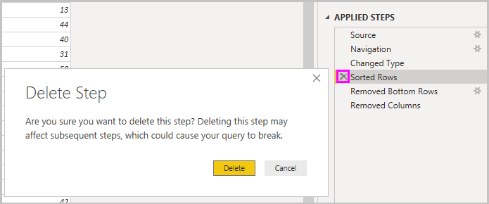Screenshot of Power B I Desktop showing the Delete Step dialog box.