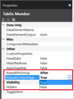 Screenshot showing where to find the properties for Tablix Member.