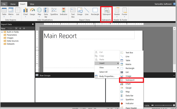 Screenshot showing Insert a subreport in a report.