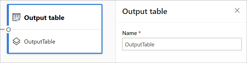 Screenshot that shows the output table card and output table configuration pane.