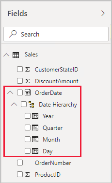 Screenshot showing example of the Fields pane, with the Sales table expanded open.