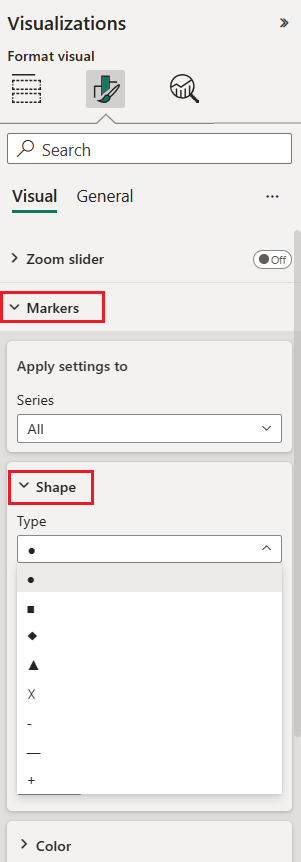 Screenshot of the Shape Type drop-down list showing the Marker shape options for a chart in Power BI.