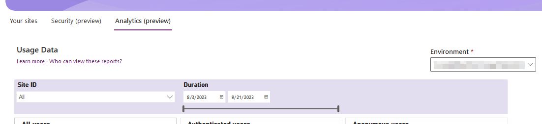 Знімок екрана Центру Power Platform адміністрування зі спадним списком ідентифікатора сайту Analytics Usage Data.