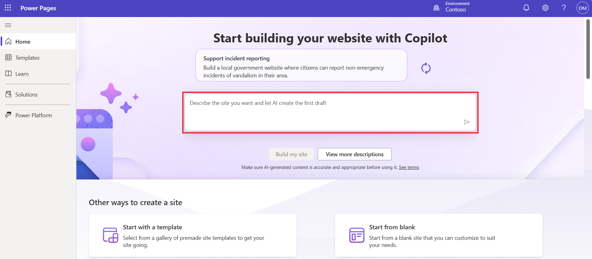 Copilot на Power Pages головній сторінці з полем введення, щоб користувачі могли ввести опис сайту, підкреслили.