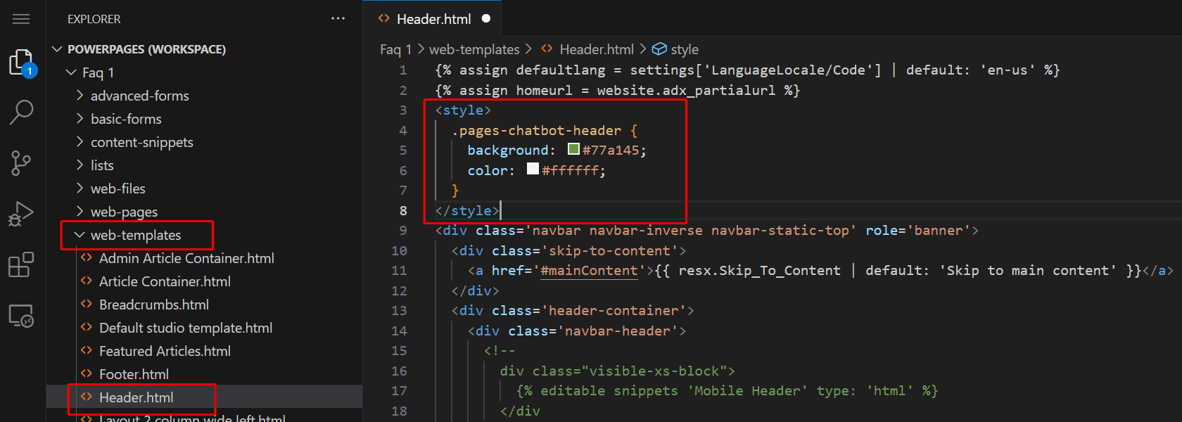Скріншот Visual Studio, виділення папки web-шаблонів, файлу Header.html та елементу стилю з CSS селектором.
