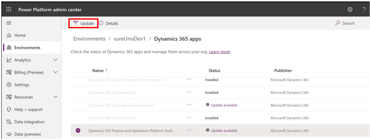 Інструменти платформи Dynamics 365 Finance and Operations відображають статус Оновити доступно.