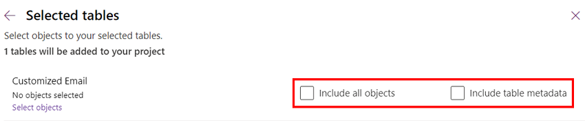 Знімок екрана, на якому показано прапорці Включити всі об’єкти та Включити метадані таблиці