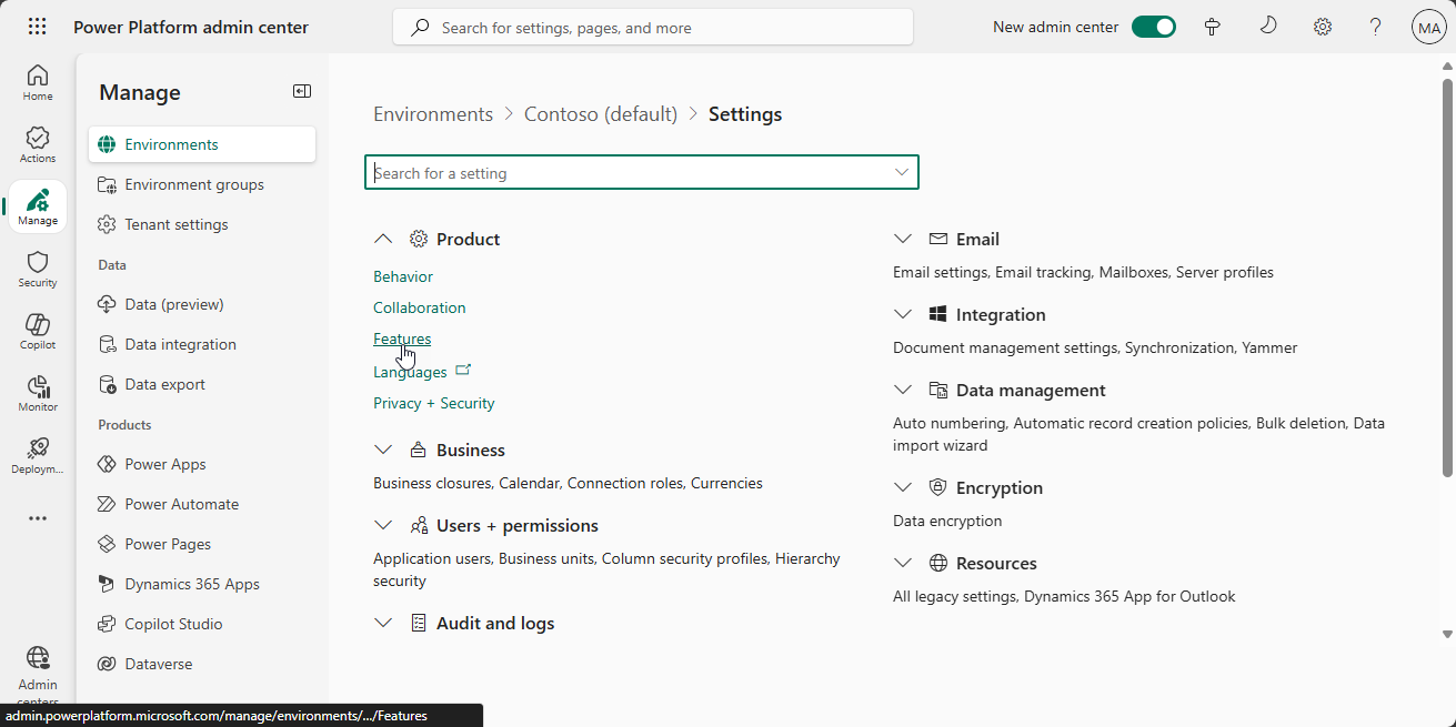 Power Platform Центр адміністрування Середовище Налаштування продукту.