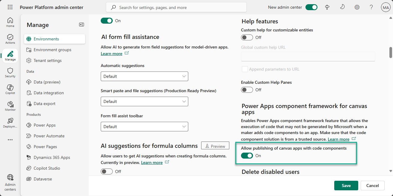Увімкніть публікацію програм на полотні з компонентами коду в Центрі адміністрування Power Platform.