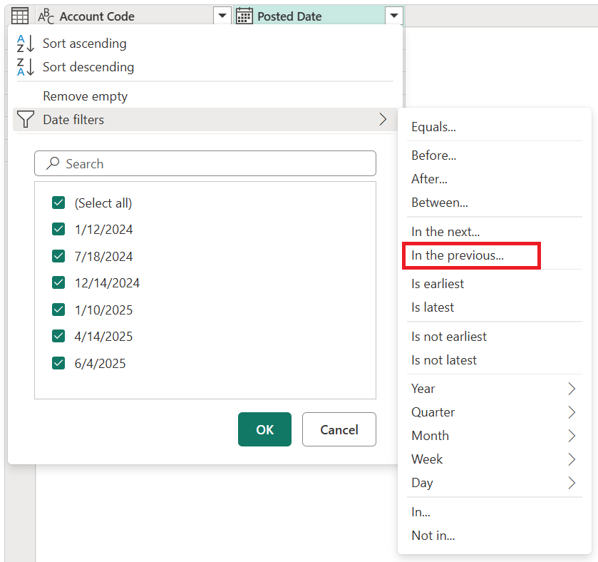 Screenshot of a sample type specific filter for a date column with the previous option emphasized.