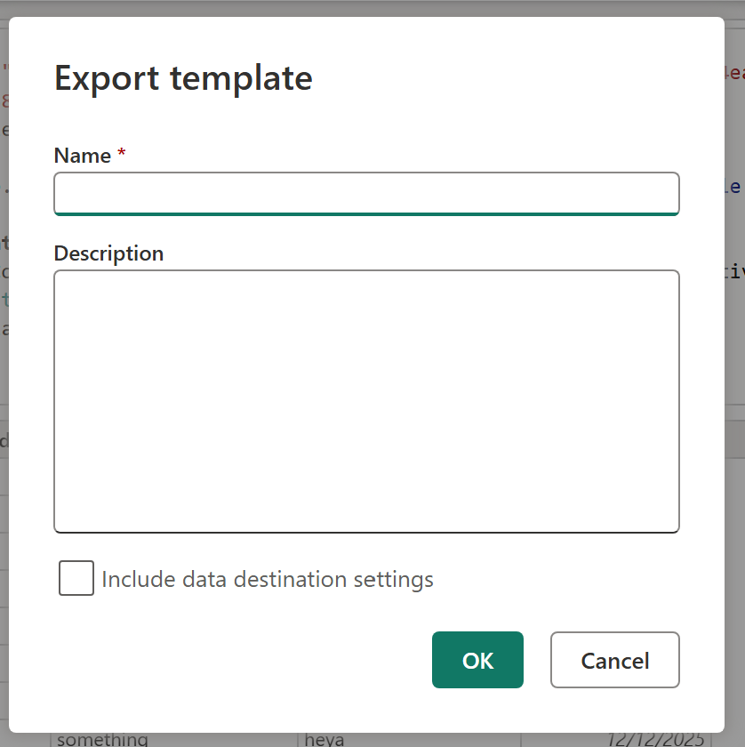 Screenshot of the Export Template dialog to set the name and the description for the template.
