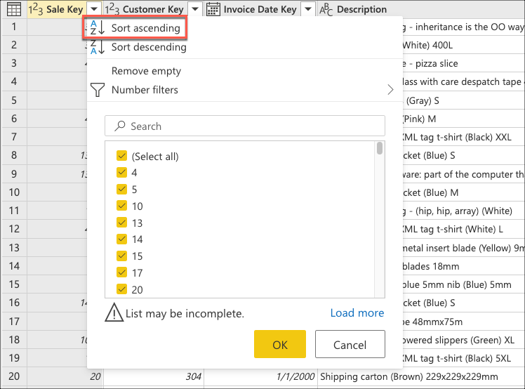 Screenshot of the contextual menu where you sort the `Sale Key` field of the table in ascending order.