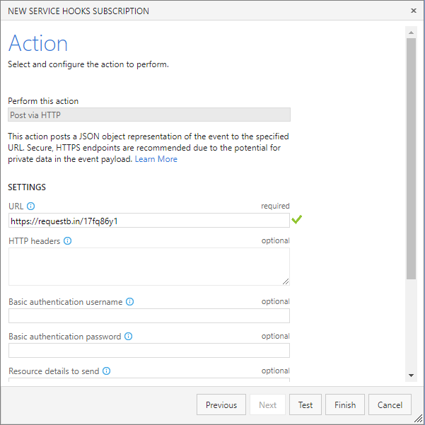 Configure the action dialog box