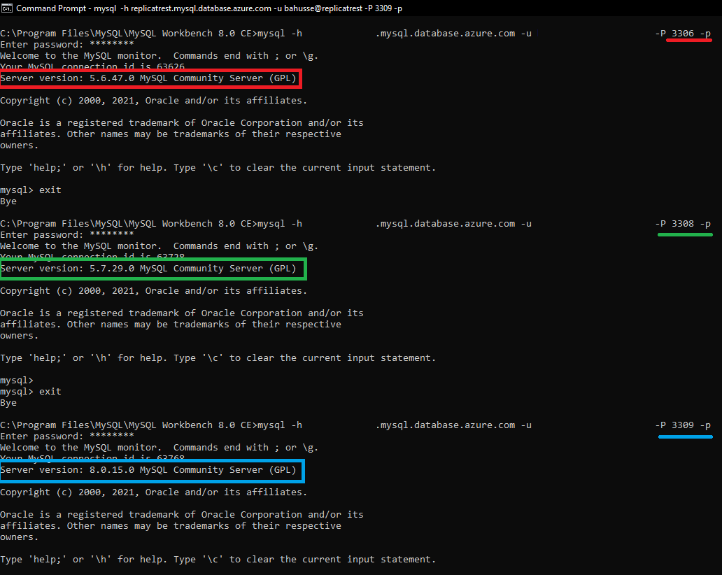 Example connecting via different gateway mysql versions