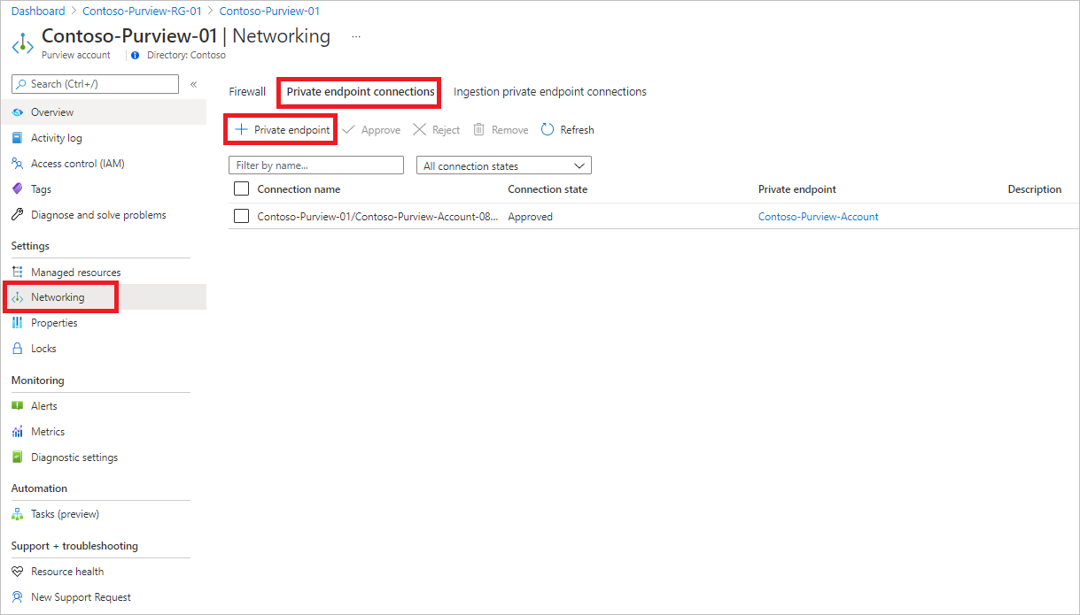 Screenshot that shows creating an account private endpoint.