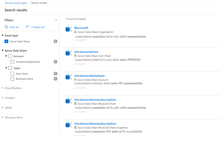 Screenshot of Azure Data share in the search result page.