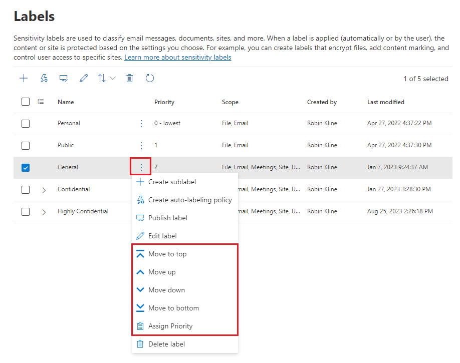 Screenshot that shows options to change the priority of sensitivity labels.