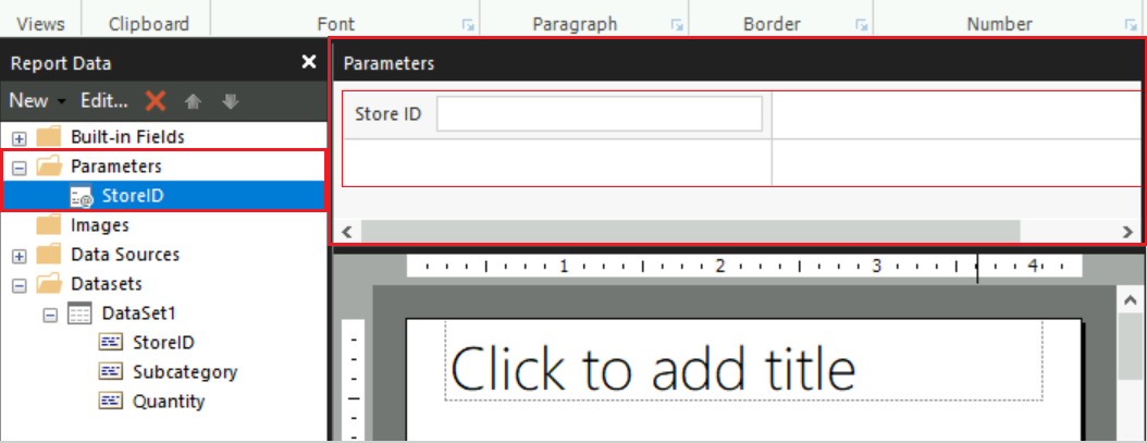 Screenshot of the Parameters node in the Report Data pane and the Parameters pane on the design surface.