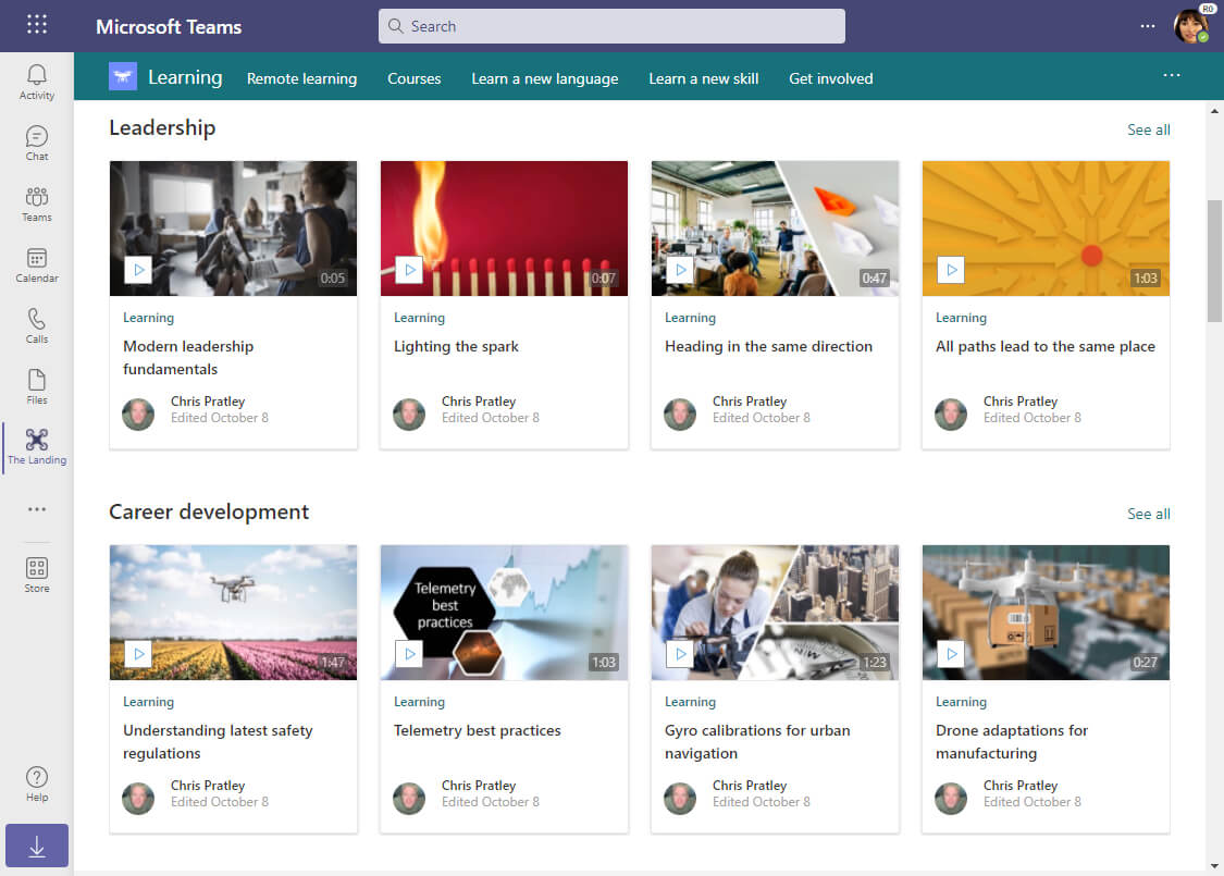 Learning site being shown via Viva Connections as a tab in Teams. A set of "leadership" videos are shown on the page as well as "career development" videos using two highlighted content web parts.