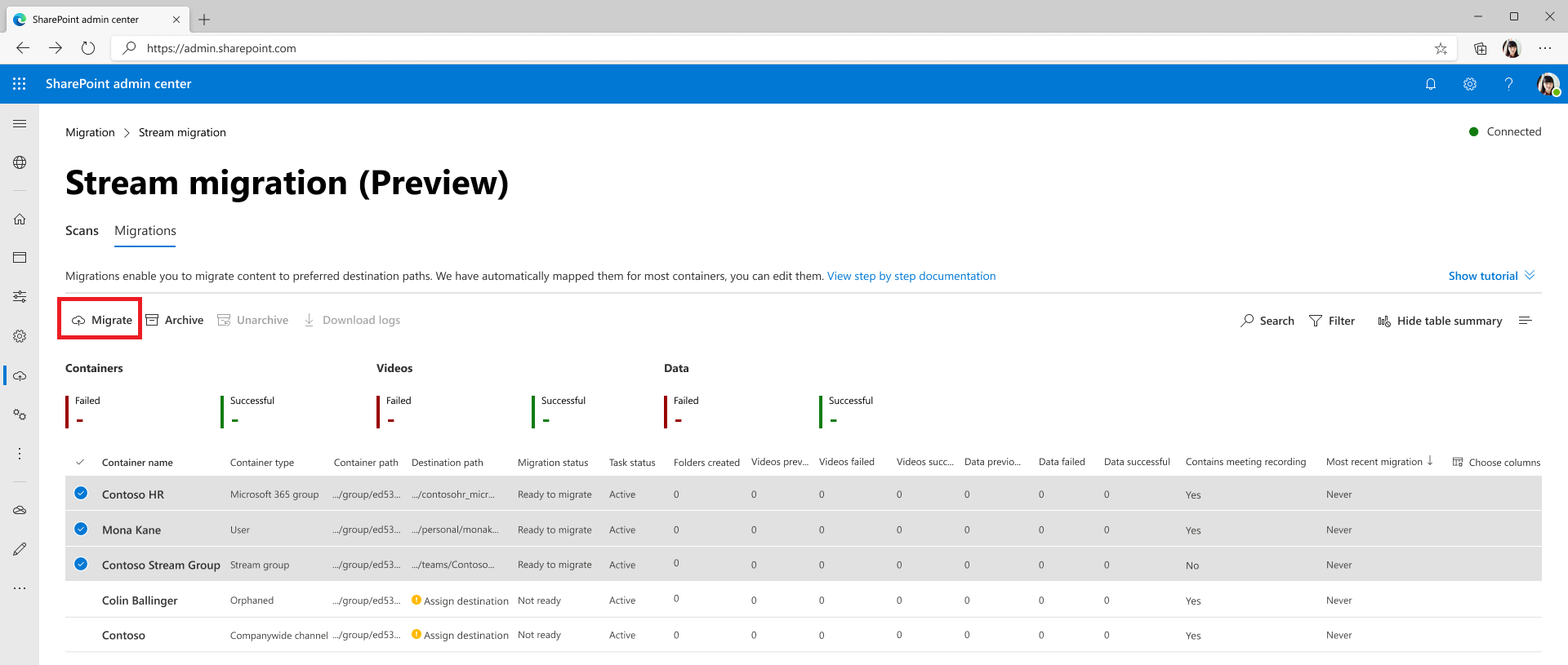 Migrations tab- container selected for migration