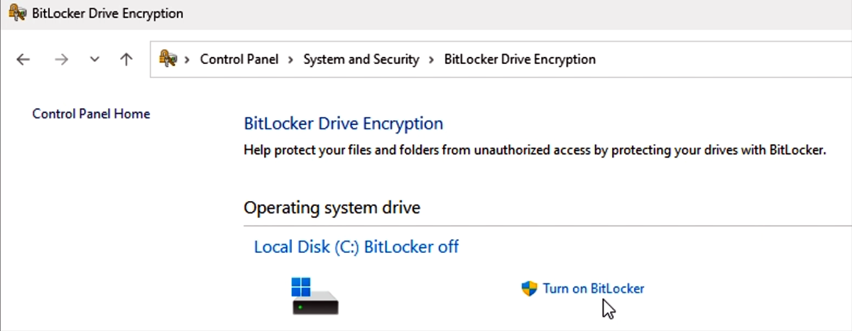 [Screenshot showing how to turn on BitLocker via Control Panel.