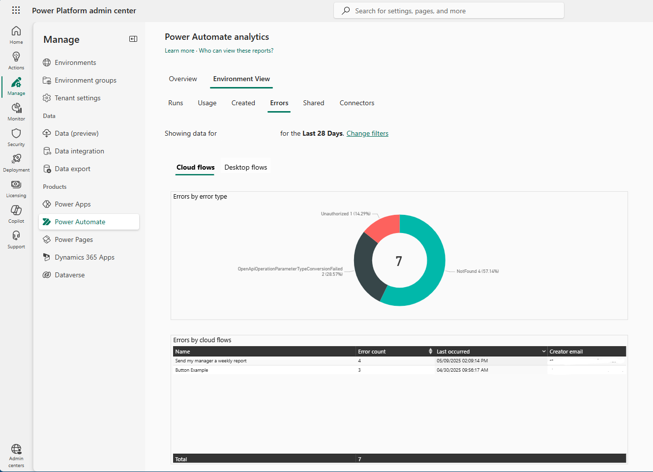 Screenshot of Power Automate on the Errors tab.