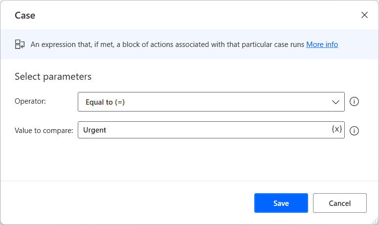 Screenshot of Case action property dialog with Value to compare set to Urgent.