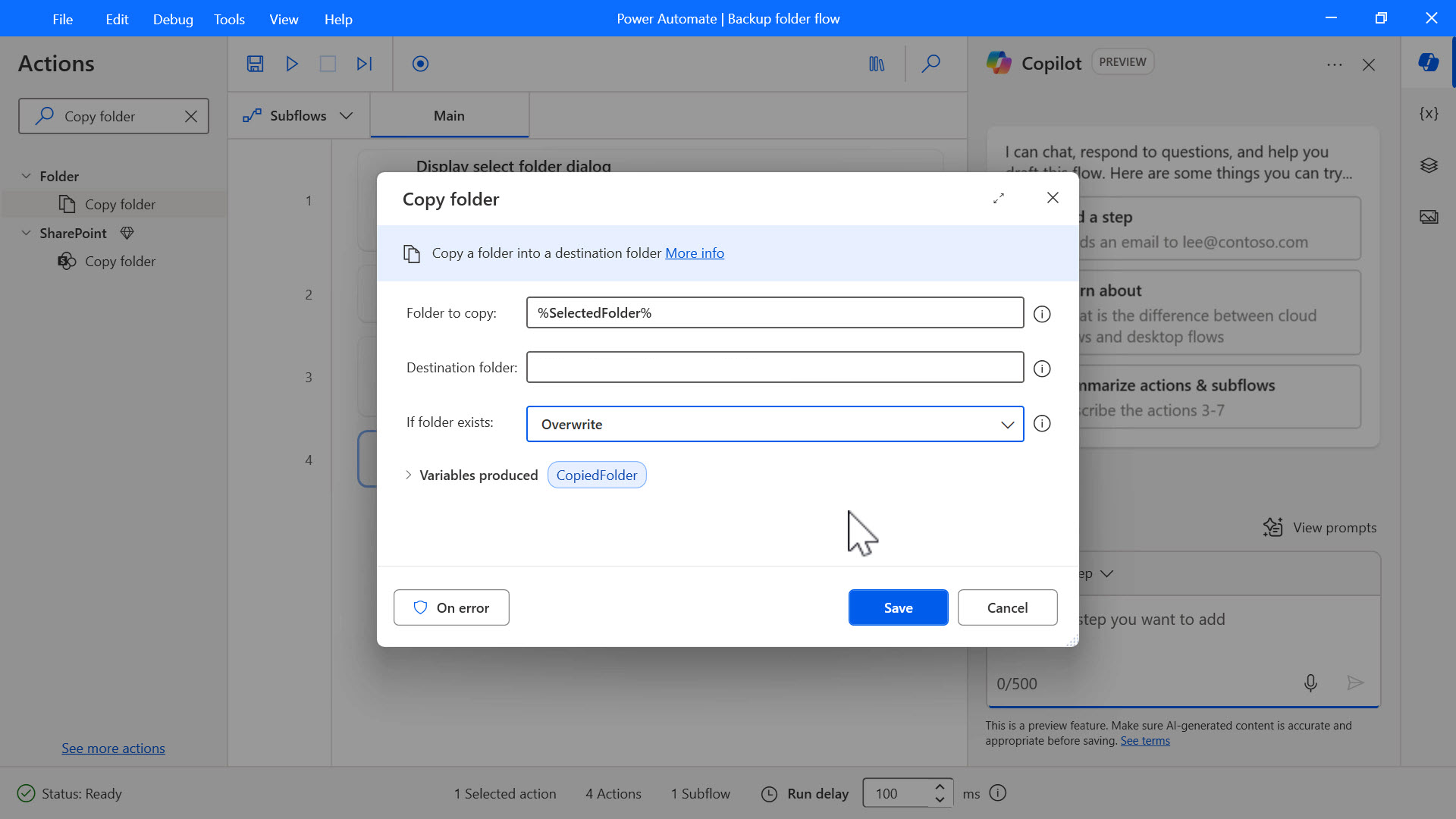 Screenshot of the Copy folder dialog box.
