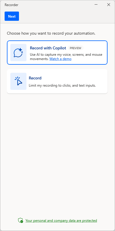Screenshot of the Power Automate for desktop recorder options.