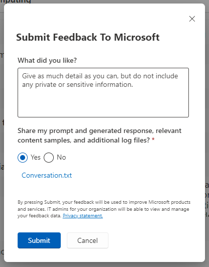 Screenshot of the feedback dialog.