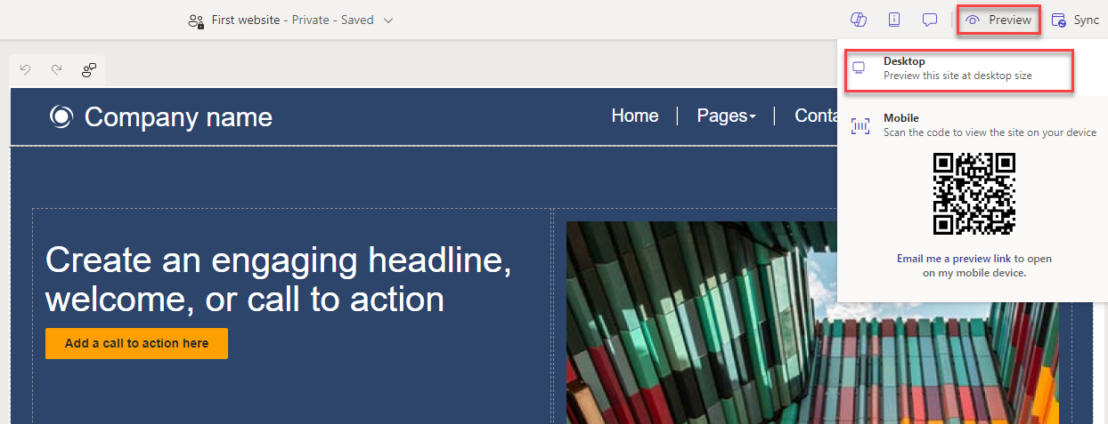 Screenshot of the Preview site and Desktop options.