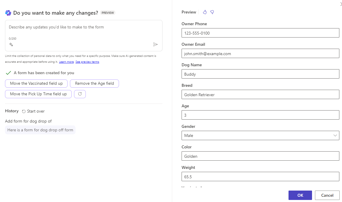 Screenshot of a form preview that Copilot creates from the prompt.