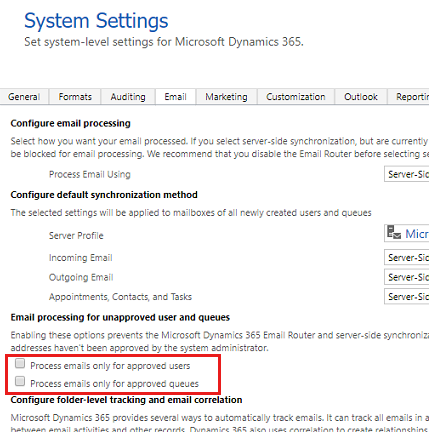 Screenshot to uncheck the Email processing for unapproved user and queues settings.