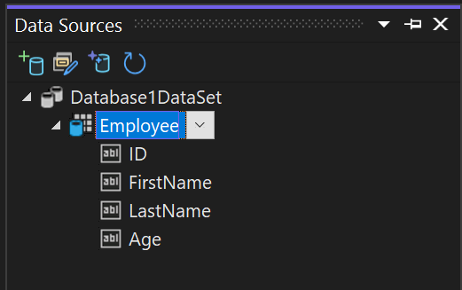 Screenshot of Data Sources Window, populated with database objects