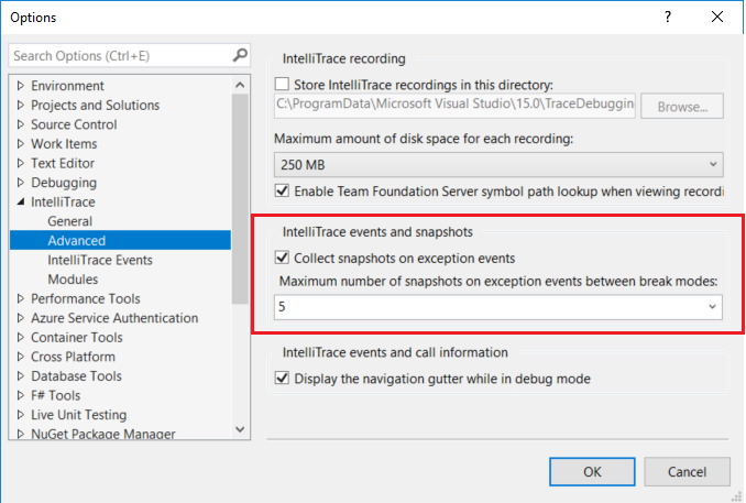 Configure behavior for snapshots on exceptions