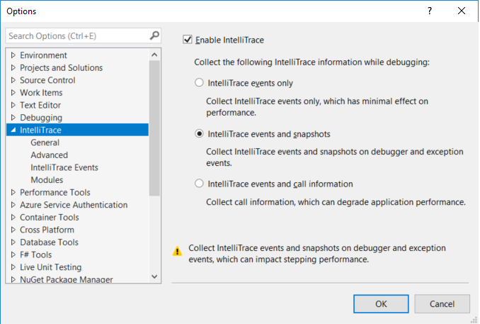 Enable IntelliTrace Events and Snapshots mode