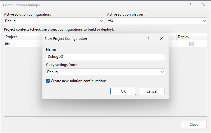 A screenshot that shows the `New Project Configuration dialog` for a debug build.