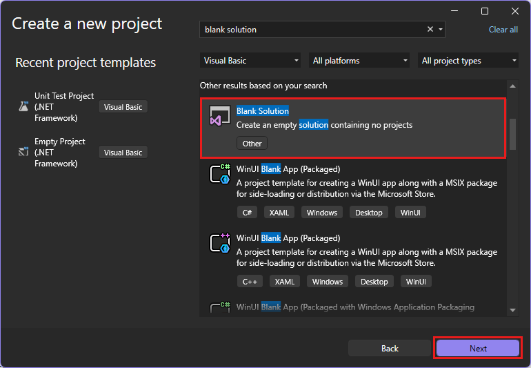 Screenshot showing the Create a new project window with 'blank solution' in the search box and the Blank Solution project template selected.
