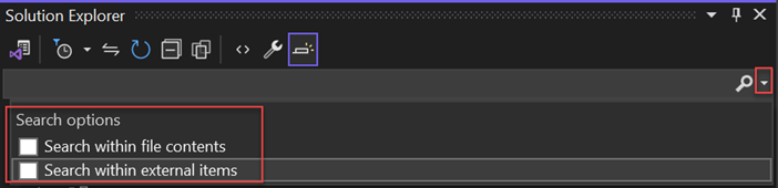 Screenshot of the Solution Explorer search bar and search options in Visual Studio.