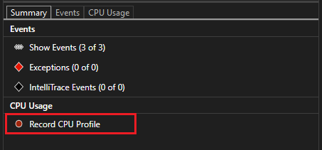 Screenshot that shows Diagnostics Tools enable CPU profiling.