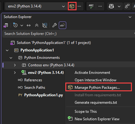 Screenshot that shows how to access the Manage Python packages option for an environment in Solution Explorer.