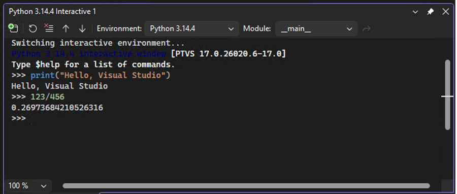 Screenshot that shows how the Interactive Window displays immediate results for code you enter in Visual Studio.