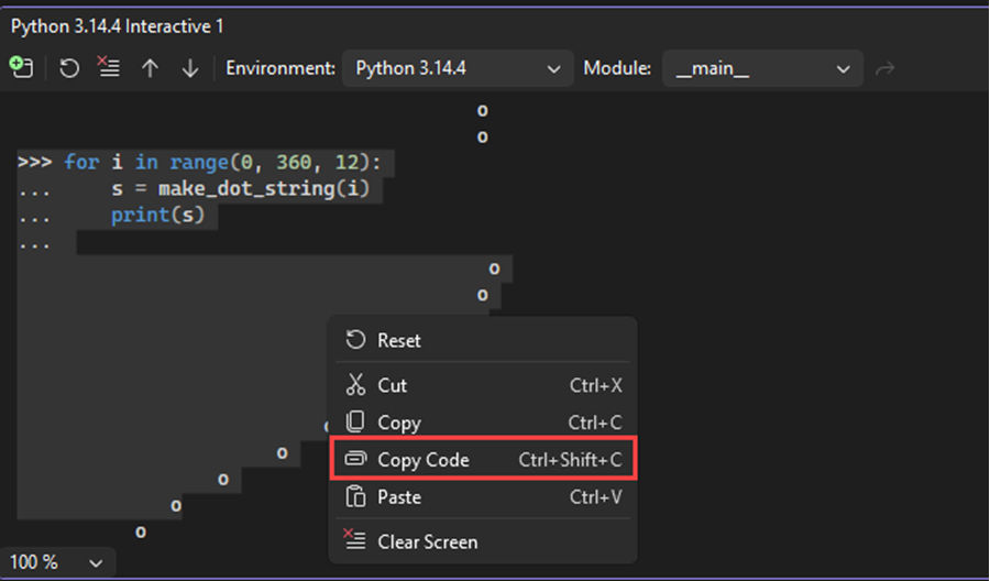 Screenshot that shows the Interactive Window copy code command on a selection that includes prompts and output in Visual Studio.