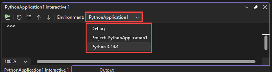 Screenshot that shows how to select the Python interpreter from the Environment dropdown list in the Interactive Window in Visual Studio.