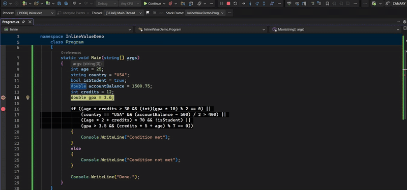 Video demonstration showing inline if-statement evaluation with true/false results displayed directly next to conditional expressions during debugging