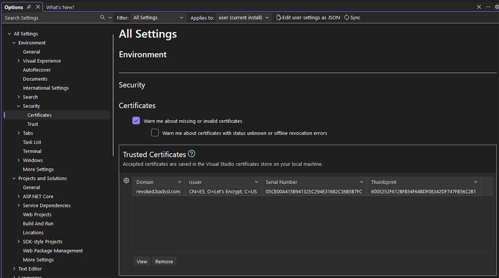 Settings dialog with option to disable certificate revocation checks