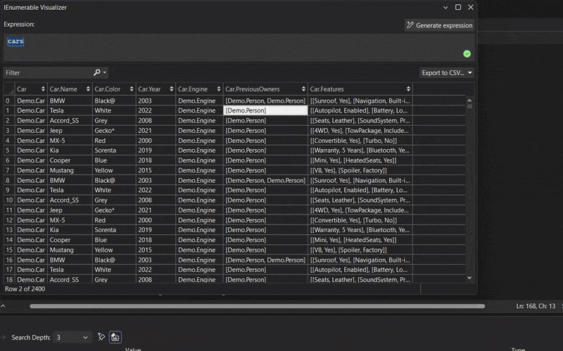 Hovering over a grid cell reveals a DataTip with the complete object properties